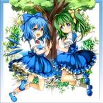  ascot blue_eyes blue_hair bobby_socks border bow child cirno crystal daiyousei dress fairy frills gathers green_hair hair_bow mary_janes multiple_girls ringpearl shoes side_ponytail socks touhou tree white_legwear wings 