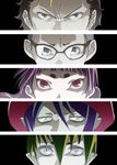  4boys amaimon ao_no_exorcist brown_eyes earrings glasses green_hair halpas hat jewelry kamiki_izumo md5_mismatch mephisto_pheles miwa_konekomaru multicolored_hair multiple_boys parody persona persona_eyes purple_hair red_eyes suguro_ryuuji yellow_eyes 