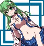  bare_shoulders blush breasts covered_nipples detached_sleeves frog green_eyes green_hair groin hair_ornament hal_(goshujinomocha) hand_on_own_chest kochiya_sanae large_breasts long_hair navel no_bra no_panties open_clothes open_shirt open_skirt shirt simple_background skirt smile snake solo touhou undressing 