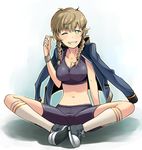  amane_suzuha arm_support bike_shorts blush bowieknife braid breasts brown_hair butterfly_sitting cleavage green_eyes grin jacket jacket_on_shoulders medium_breasts midriff navel one_eye_closed shoes short_hair_with_long_locks smile sneakers socks solo sports_bra steins;gate track_jacket twin_braids 