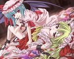  bare_legs barefoot bat_wings blonde_hair blood blood_stain blue_hair chain cuffs flandre_scarlet hat laevatein lying moneti_(daifuku) multiple_girls on_back red_eyes remilia_scarlet shackles siblings sisters tongue touhou wings 