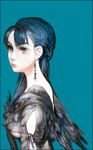  blue_background blue_hair braid copyright_request earrings grey_eyes jewelry long_hair solo tomatika wings 
