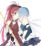  gloves holding_hands imminent_kiss magical_girl mahou_shoujo_madoka_magica miki_sayaka multiple_girls polearm ponytail red_hair sakura_kyouko short_hair tsuruki_noki weapon yuri 