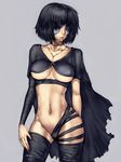  bandages black_hair breasts cape covered_nipples demon's_souls fumio_(rsqkr) grey_background jewelry large_breasts maiden_in_black navel necklace no_bra no_panties short_hair simple_background solo souls_(from_software) thighhighs torn_clothes underboob 