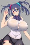  1girl black_hair blouse breasts camui_kamui collar dizu_(camui_kamui) facial_mark frilled_collar frills hair_ornament hair_scrunchie heterochromia huge_breasts open_blouse open_clothes scrunchie skirt solo twintails 