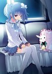  blouse blue blue_hair bow bowtie chiyingzai couch hair_bobbles hair_bow hair_ornament hands_on_lap looking_down night original pillow pink_eyes purple_eyes sad short_hair sitting skirt solo stuffed_animal stuffed_bunny stuffed_toy thighhighs twintails white_legwear window zettai_ryouiki 