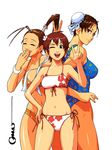  ;d ^_^ ahoge antenna_hair bad_deviantart_id bad_id beads bikini blue_swimsuit bracelet breasts brown_eyes brown_hair brown_legwear bun_cover bunny_ears_prank casual_one-piece_swimsuit chun-li closed_eyes closed_mouth collarbone covering_mouth cowboy_shot double_bun earrings eyelashes floral_print flower from_side front-tie_bikini front-tie_top hair_flower hair_ornament hand_on_hip hand_over_own_mouth hand_up hands_up happy head_tilt headband height_difference high_ponytail highleg highleg_swimsuit hips ibuki_(street_fighter) jewelry kasugano_sakura large_breasts laughing legs_apart looking_at_viewer looking_back multiple_girls nail_polish navel omar_dogan one-piece_swimsuit one_eye_closed open_mouth orange_bikini pantyhose pink_nails ponytail print_bikini print_swimsuit ribbon shiny shiny_skin side-tie_bikini signature simple_background smile standing street_fighter stud_earrings swimsuit thighs v white_bikini 