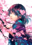  1girl black_hair blue_eyes blurry cherry_blossoms close-up closed_mouth commentary english_commentary face floral_print highres japanese_clothes kimono long_hair looking_at_viewer original profile simple_background solo watermark web_address wenqing_yan wind 
