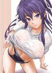  blush breasts hair_ribbon kanzaki_kaori large_breasts midriff nipples ponytail purple_eyes purple_hair ribbon see-through shirt soba_(saz) solo to_aru_majutsu_no_index underboob wet wet_clothes wet_shirt 