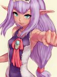  aqua_eyes bare_shoulders clenched_hand covered_nipples dark_skin elf elvaan final_fantasy final_fantasy_xi flat_chest foreshortening fumio_(rsqkr) long_hair looking_at_viewer pointy_ears prishe purple_hair simple_background sketch solo 