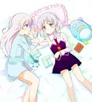  bare_legs bed blush eila_ilmatar_juutilainen frilled_pillow frills glastonbury1966 green_eyes hand_on_another's_cheek hand_on_another's_face long_hair lying military military_uniform multiple_girls necktie pillow pink_eyes pouch sanya_v_litvyak short_hair silver_hair smile strike_witches tonttu uniform white_hair world_witches_series 
