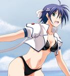  azumaya_hironaru bikini blue_hair breasts cleavage crop_top green_eyes groin headband jacket lyrical_nanoha mahou_shoujo_lyrical_nanoha_strikers medium_breasts navel o-ring o-ring_top open_mouth short_hair smile solo subaru_nakajima swimsuit 