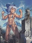  1girl abs ahoge armpits aura bikini blue_bikini blue_bow blue_eyes blue_hair blush bow building cameltoe cirno cityscape clenched_hands commentary_request destruction fang flat_chest flexing giantess hair_bow ice ice_wings muscle muscular_female navel nose_blush one_eye_closed pose skyscraper solo_focus standing sweat swimsuit tan tanned_cirno thick_thighs thighs touhou wings yilx 