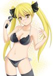 black_legwear blonde_hair blush bra breasts cleavage collarbone dream_c_club dream_c_club_(series) hayami_kyuuen large_breasts light_smile lingerie long_hair mian_(dream_c_club) microphone navel o-ring o-ring_bottom o-ring_top panties shiny shiny_skin side-tie_panties smile solo thighhighs twintails underwear underwear_only wireless yellow_eyes 