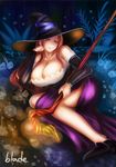  bare_shoulders breasts cleavage detached_sleeves dragon's_crown dress hat large_breasts long_hair qblade red_eyes red_hair side_slit solo sorceress_(dragon's_crown) staff strapless strapless_dress witch_hat 