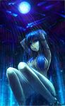  ankle_cuffs arms_up bdsm blue_eyes blue_hair bondage bound breasts cage cuffs full_moon hair_censor highres large_breasts long_hair moon nude open_mouth original samael_(5211) shackles sitting solo water wet 