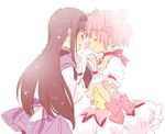  akemi_homura black_hair closed_eyes face-to-face forehead-to-forehead gloves hairband holding_hands kaname_madoka long_hair lowres magic_circle mahou_shoujo_madoka_magica mochiya_marosuke multiple_girls pink_hair short_hair simple_background smile tears twintails white_gloves 