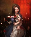  alice:_madness_returns alice_(wonderland) alice_in_wonderland american_mcgee's_alice apron blood bloody_clothes brown_hair card dress falling_card green_eyes jewelry jupiter_symbol knife lips long_hair nawol necklace smile solo uranus_symbol weapon 