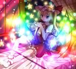  bed blonde_hair bobby_socks colorful cup flandre_scarlet haiiro_(immature) hat holding pillow pointy_ears red_eyes side_ponytail sitting socks solo star teacup touhou untied white_legwear wings 
