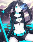  belly_button belt black_hair black_rock_shooter bra checkerd_grid clouds fire_eye open_jacket scars spread_legs sword tron twintails vocaloid zipper 