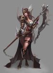  armor boots breasts buckle chain cleavage copyright_request curvy dress helmet highres jewelry large_breasts nawol red_hair scythe short_dress solo vambraces wings 