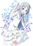  :3 ano_hi_mita_hana_no_namae_wo_bokutachi_wa_mada_shiranai. blue_eyes dress floral_background honma_meiko long_hair open_mouth silver_hair smile solo sundress takigawa_yuu waving 