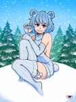  1girl akairiot bangs bare_back bare_shoulders blue_eyes blue_hair blue_nails blue_sky breasts elbow_gloves fang fingerless_gloves frostbite-chan_(akairiot) frostbite_(tournament) full_body gloves grey_legwear grey_sweater highres looking_at_viewer meme_attire nail_polish naked_sweater parted_lips pine_tree pom_pom_(clothes) sharp_nails short_hair sideboob sitting sky smile snowing solo sweater swept_bangs thighhighs tree virgin_killer_sweater 