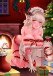  1girl alicia_(granblue_fantasy) bag bell bent_over blush box breast_lift breasts candy candy_cane christmas christmas_stocking christmas_tree commentary draph earrings fire fireplace food gift gift_box gloves granblue_fantasy hat horns jewelry kneeling large_breasts long_hair looking_at_viewer naked_ribbon ohsheep open_mouth red_eyes ribbon santa_hat sidelocks silver_hair snowman solo star venus_symbol very_long_hair white_gloves window wreath 