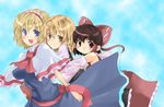  :&lt; alice_margatroid ascot blonde_hair blue_eyes book breasts brown_eyes brown_hair capelet detached_sleeves dress hair_tubes hairband hakurei_reimu hug hug_from_behind impossible_clothes impossible_dress kirisame_marisa medium_breasts multiple_girls sash short_hair smile takara_akihito touhou upper_body younger 