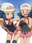  2girls awa blue_eyes blue_hair blush disguise flashing grin hat hikari_(pokemon) hikari_(pokemon)_(cosplay) multiple_girls no_panties pokemon pokemon_(anime) simple_background skirt skirt_lift smile transformation white_background zorua 