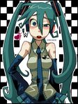  aqua_hair bare_shoulders blue_eyes blush body_blush breasts checkered checkered_background denim2 detached_sleeves hand_on_hip hatsune_miku headphones heart long_hair medium_breasts necktie open_mouth skirt solo tegaki twintails uneven_eyes vocaloid 