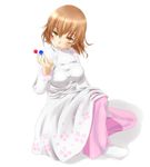  blush brown_eyes brown_hair candy food head_tilt misaka_worst mouth_hold saliva shin_(highest1192) side_slit sitting solo to_aru_majutsu_no_index vietnamese_dress white_background 