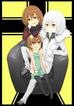  accelerator ahoge albino bare_shoulders brown_eyes brown_hair coat dress highres i.u.y last_order misaka_worst multiple_girls pantyhose polka_dot red_eyes scarf short_hair sitting to_aru_majutsu_no_index white_hair 