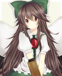  arm_cannon bad_id bad_pixiv_id bow brown_hair cape green_bow hair_bow long_hair red_eyes reiuji_utsuho solo somiko third_eye touhou weapon wings 
