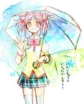  bad_id bad_pixiv_id blush bow kaname_madoka lowres mahou_shoujo_madoka_magica pink_eyes pink_hair school_uniform sencha_(coldcolor) skirt smile solo star thighhighs translated twintails umbrella waving 