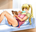  bad_id bad_pixiv_id blonde_hair blush book breasts couch food holding holding_book huge_breasts kamia_(not_found) legs long_hair lying matsuoka_kiyone orange_eyes original popsicle reading short_shorts shorts solo twintails 