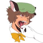  animal_ears brown_hair cat_ears chen face fangs hands hat one_eye_closed onikobe_rin open_mouth red_eyes slit_pupils solo tongue tongue_grab tongue_out touhou wince 