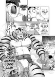  anthro beastmen_forest biceps big_muscles boar cave comic cum english_text feline gay greyscale human male mammal manga monochrome muscles neyukidou nipples ork penis porcine text tiger 