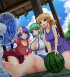  barefoot blonde_hair blue_eyes breasts cleavage collarbone cup curvy day electric_fan feet food frog fruit glass green_hair hair_ornament hair_tubes highres hot huge_breasts kneeling kochiya_sanae large_breasts long_hair miyakouji moriya_suwako multiple_girls no_bra no_hat no_headwear panties purple_hair red_eyes short_hair sitting snake soles sweat tatami toes touhou underwear watermelon white_panties wind_chime yasaka_kanako yellow_eyes 