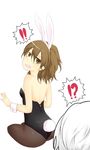  1girl accelerator albino brown_eyes brown_hair bunnysuit caught i.u.y misaka_worst pantyhose short_hair surprised to_aru_majutsu_no_index white_hair 