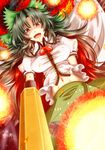  archienemy arm_cannon black_hair blush bow breasts cape danmaku green_bow hair_bow large_breasts long_hair open_mouth red_eyes reiuji_utsuho skirt smile solo third_eye touhou weapon wings 