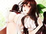  apt arched_back bad_id bad_pixiv_id bow breasts brown_hair green_bow hair_bow large_breasts long_hair no_bra open_clothes open_mouth open_shirt red_eyes reiuji_utsuho shirt solo touhou upper_body 