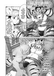  beastmen_forest biceps big_muscles boar cave comic english_text feline gay greyscale human kid licking male mammal manga monochrome muscles neyukidou nipples ork porcine text thong tiger tongue 