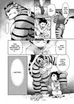  beastmen_forest biceps big_muscles butt cave censored comic english_text feline gay greyscale human kid male mammal manga monochrome muscles neyukidou nipples ork penis text tiger 