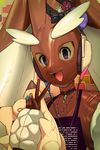  bodysuit cable cosplay costume dachaku fishnet_gloves fishnets fursuit gloves headphones jewelry looking_at_viewer lopunny lopunny_(cosplay) mask nintendo open_mouth pokemon purple_eyes ribbon ring smile v 