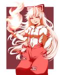  bad_id bad_pixiv_id bow fire fujiwara_no_mokou hair_bow hand_in_pocket long_hair muttan_(ashiru-f) pants pyrokinesis red_eyes solo suspenders touhou transparent_background very_long_hair white_hair 