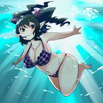  bikini black_hair blush brown_eyes checkered checkered_bikini curvy freediving himekaidou_hatate plump pointy_ears shinobe smile solo swimming swimsuit touhou twintails underwater water 