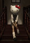  bad_id bad_pixiv_id bow cameo character_mask copyright_request dark eko-des-co hair_bow hello_kitty horror_(theme) loose_socks school_uniform sitting sitting_on_stairs skirt socks stairs whiskers 