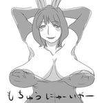  animal_costume animal_ears areola areola_slip areolae armpits arms_up breasts bunny_costume bunny_ears bunny_girl bunny_outfit bunnysuit cleavage curvy doro_(pixiv1599005) erect_nipples huge_breasts huge_nipples large_breasts long_breasts milf monochrome nipples sagging_breasts short_hair smile solo upper_body 