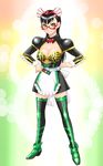  black_hair breasts cleavage green_eyes highres kamen_rider kamen_rider_ooo kamen_rider_ooo_(series) large_breasts long_hair smile solo thighhighs ueyama_michirou 